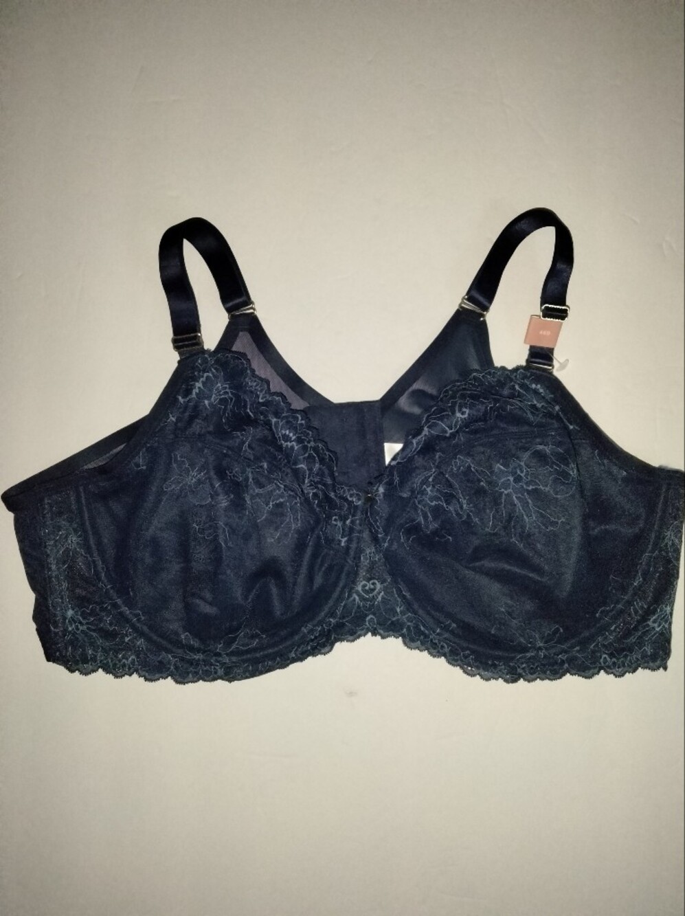 Cacique (Sz 46D) Navy Blue Floral Pattern Unlined Lace-Trim Underwire Bra (NEW)